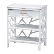 bali & pari Daina Natural Rattan Nightstand with Drawer and Open Shelves - Coastal Bedside Table with Geometric Design, White Baxton Studio restaurant furniture, hotel furniture, commercial furniture, wholesale bedroom furniture, wholesale night stand, classic night stand